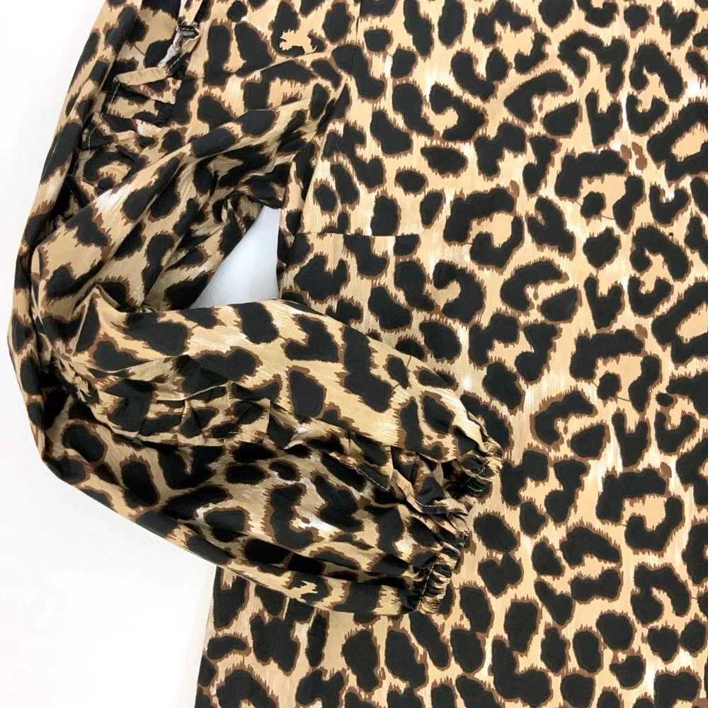 J. Crew Cotton Leopard Print Long Ruffle Trim Sleeves Blouse Sz S
